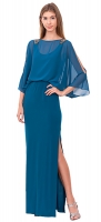 Abendkleid lang mit Ärmel + Schlitz tealblau